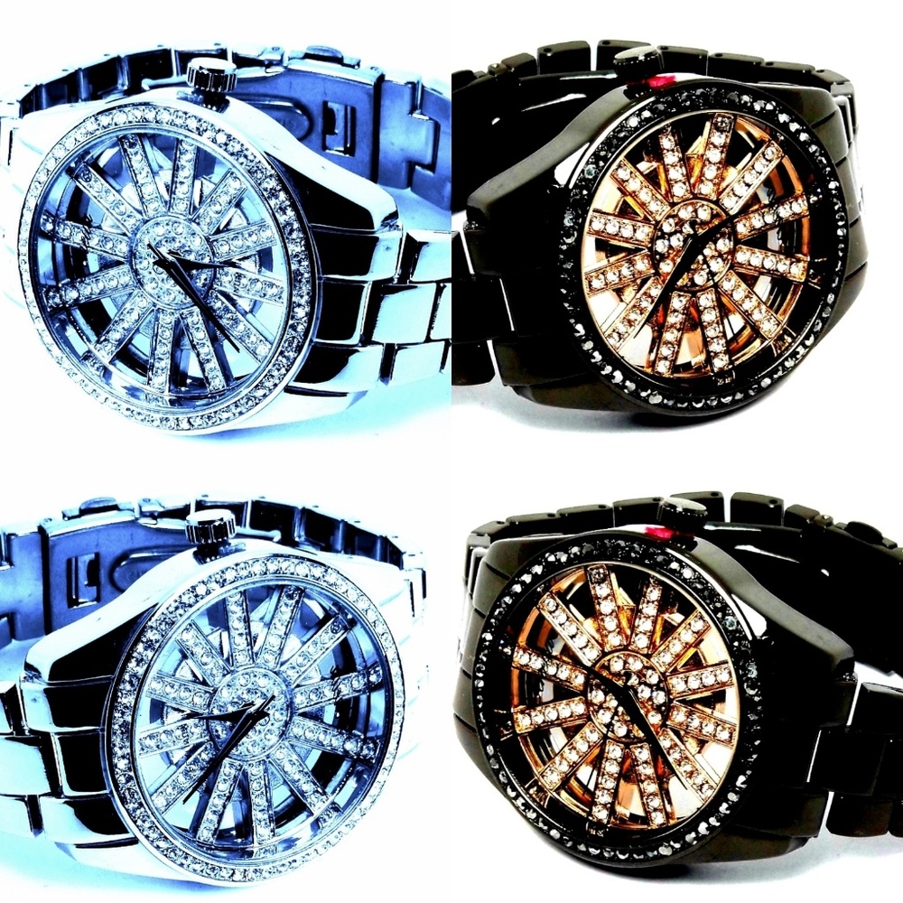Black and Rose Gold ladies Iced out watch by Geneva Platinum Silver watch